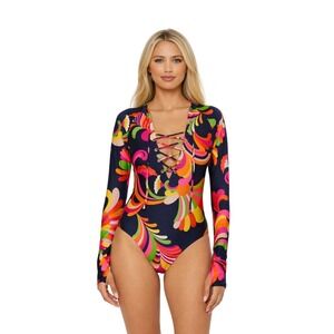 Trina Turk Long Sleeve Paddle Suit Palms Paradise‎ Lace-Up One Piece Swimsuit XL